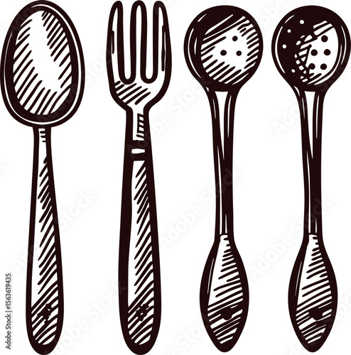 Hand drawn illustration of vintage cutlery set including spoon fork and ladles isolated on white background