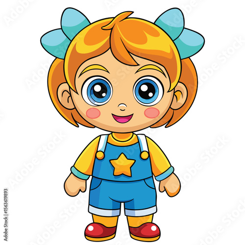 Cute cartoon girl in overalls with a star