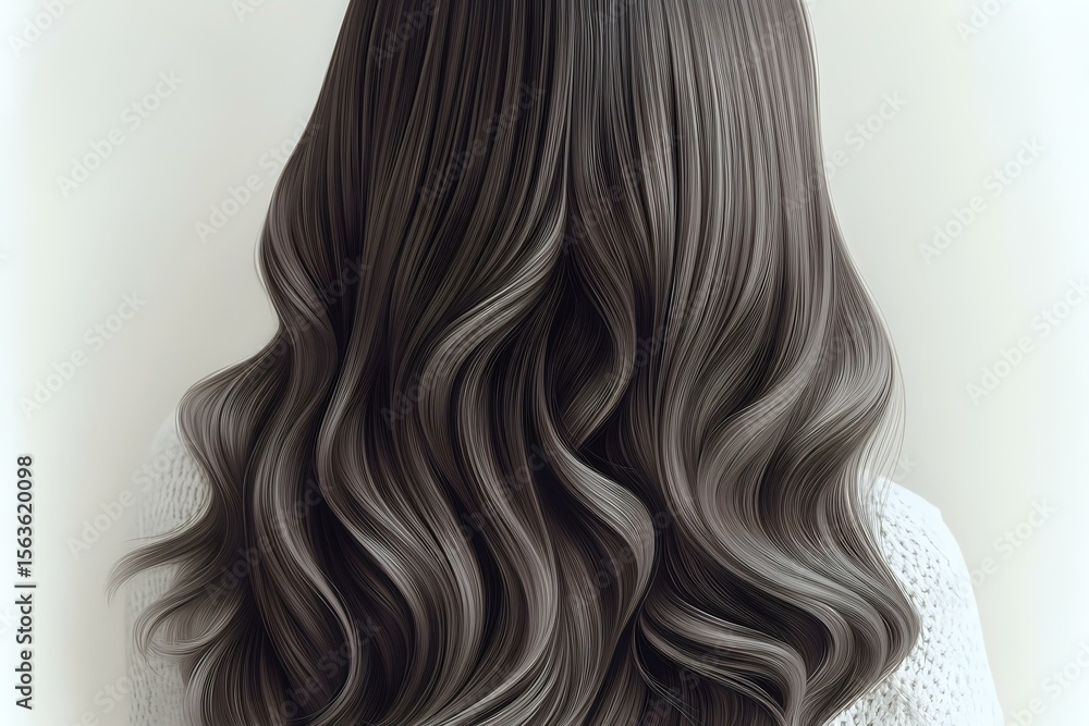 Fototapeta premium Long wavy silver grey hair with dark roots and smooth gradient ombre effect shown from behind on white background, modern trendy hairstyle for beauty salon.