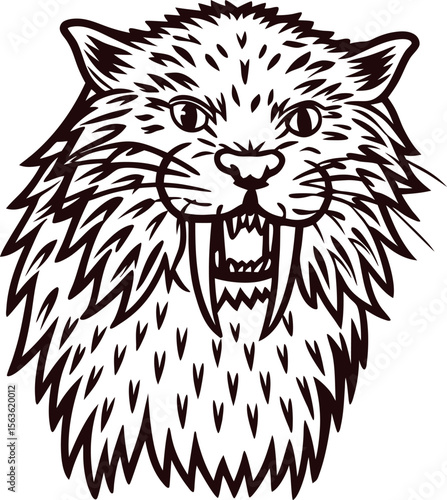 Hand drawn saber toothed cat head illustration with long fangs and thick fur, black and white vintage