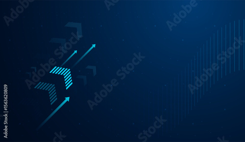 The blue arrow points upward, symbolizing strong growth or technological progress in a digital environment. on dark blue gradient background for business themes vector illustration
