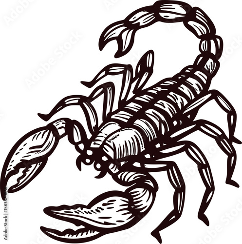 Detailed ink illustration of a scorpion with raised claws and segmented tail in vintage engraved