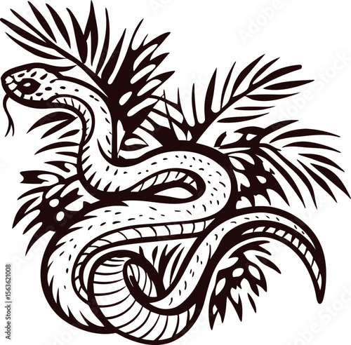 Hand drawn snake coiled around jungle leaves vintage engraved illustration with tropical plants