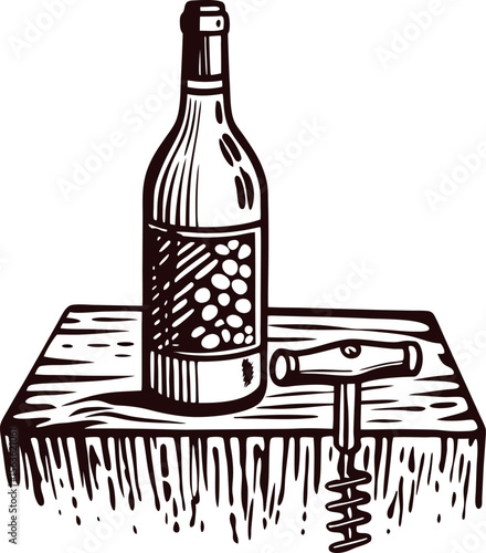 Vintage hand drawn wine bottle with corkscrew on rustic wooden table, sketch engraving illustration