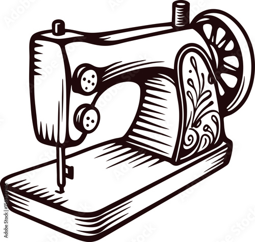 Vintage hand drawn sewing machine with ornate detail and retro wheel base illustration