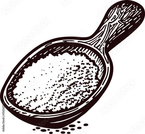 Hand drawn wooden spoon filled with coarse salt isolated on white vintage engraved kitchen utensil illustration