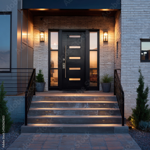 Modern front entrance with steps LED lights and black accents