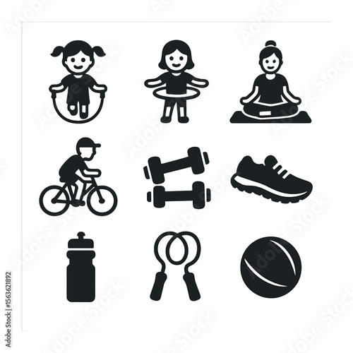 Family Exercise Icons. Solid, filled icons set of kids and parents exercising: skipping rope, hula hoop, yoga