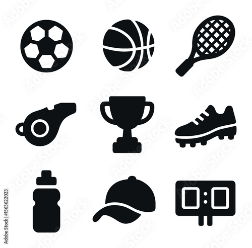 Sports Icon Grid. Solid, filled icons set of sports hobby birthday party: soccer ball, basketball, tennis