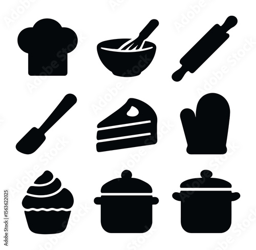 Cooking Party Icons. Solid, filled icons set of cooking hobby birthday party: chef hat, mixing bowl, whisk,