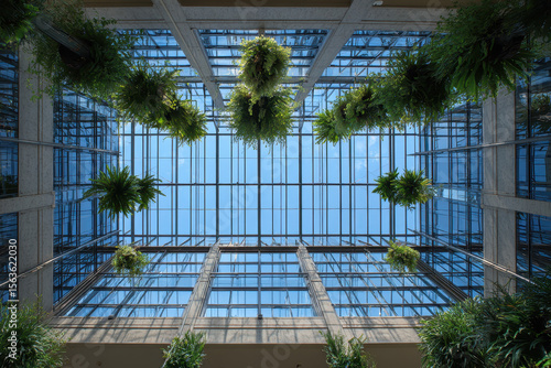 Modern glass atrium with hanging plants and skylight