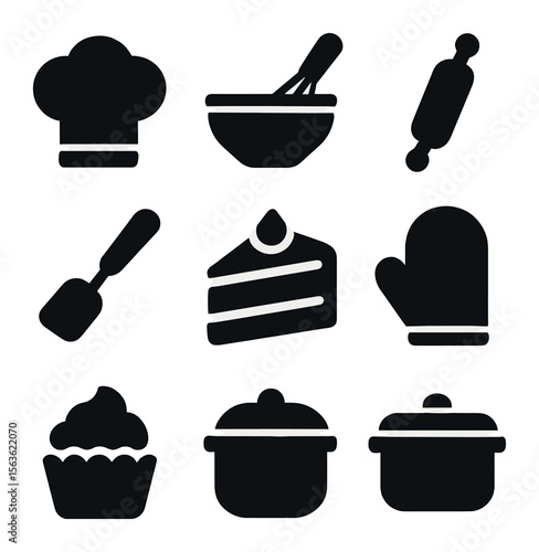 Cooking Party Icons. Solid, filled icons set of cooking hobby birthday party: chef hat, mixing bowl, whisk,