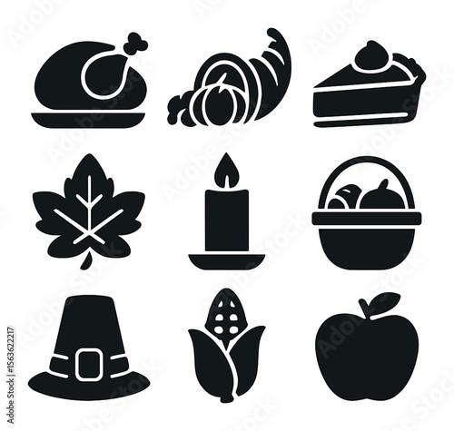Thanksgiving Icons Grid. Solid, filled icons set of Thanksgiving events and shows: turkey, cornucopia, pumpkin