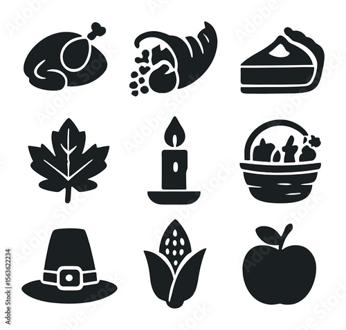 Thanksgiving Icons Grid. Solid, filled icons set of Thanksgiving events and shows: turkey, cornucopia, pumpkin