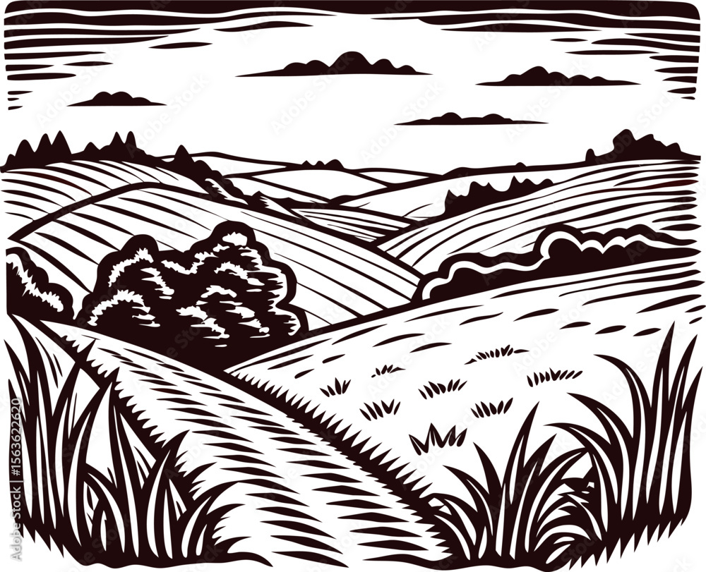 Fototapeta premium Hand drawn rural landscape with fields and hills engraved vintage countryside illustration