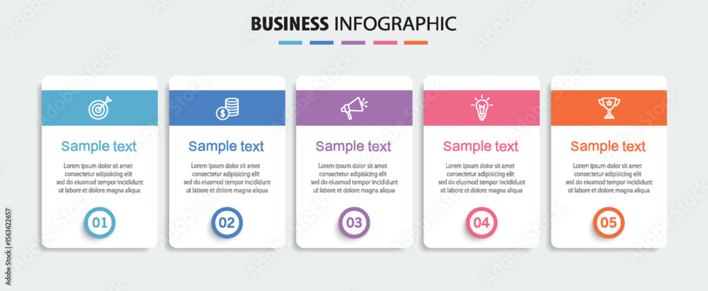 Business infographic template with 5 options or steps. Can be used for workflow layout, diagram, annual report, web design
Business infographic template with 5 options or steps. Can be used for workflow layout, diagram, annual report, web design
