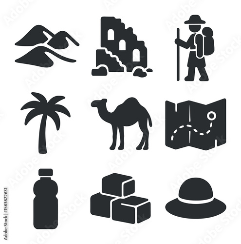 Desert Expedition Icons. Solid, filled icons set of desert ancient ruins: sand dunes, crumbling walls,