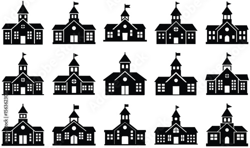 Black Silhouette of School Building with Triangular Roof, Flag, Clock Tower, and Square Windows