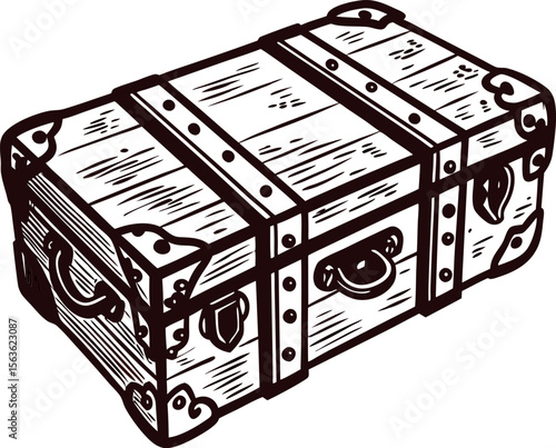 Antique hand drawn wooden treasure chest with metal accents and handles in vintage engraving illustration
