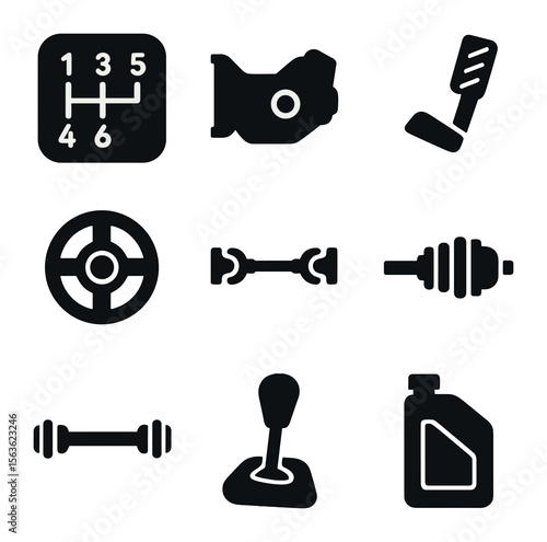 Transmission Icons Set. Solid, filled icons set of transmission and drivetrain: manual gearbox, automatic