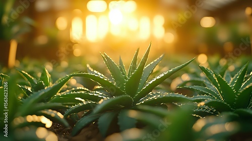 Succulent aloe vera plants with water drops in morning sunlight, golden bokeh background creates dreamy atmosphere. Natural wellness and skincare concept.