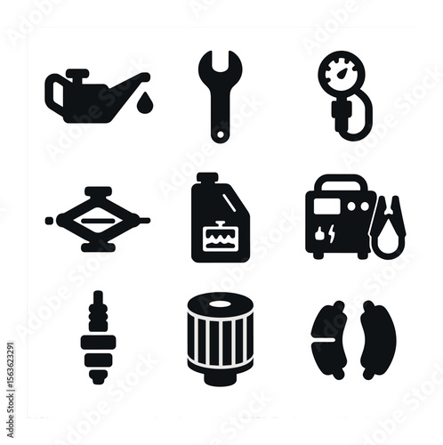 Car Maintenance Icons. Solid, filled icons set of car maintenance essentials: oil can, wrench, tire pressure