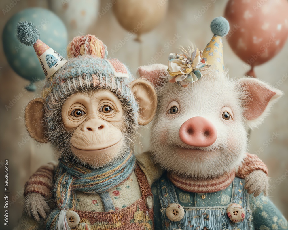 Fototapeta premium Cute monkey and pig celebrating with balloons.