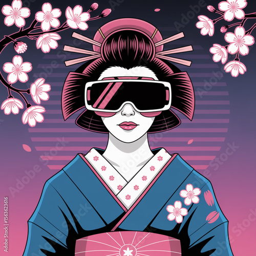 High-Tech Geisha Standing Before Neon Sakura Lights