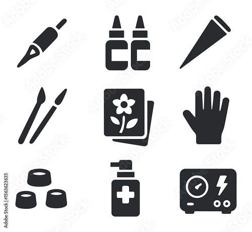 Body Art Tools. Solid, filled icons set of body art tools and materials: tattoo needle, ink bottles, henna