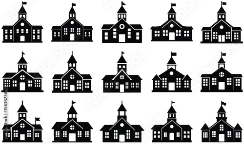 School Building with Flag and Clock Tower Silhouette Vector – Black, Triangular Roof Design