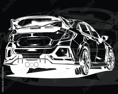 Black and white sports car or supercar vector illustration