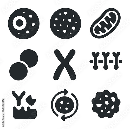 Cellular Biology Icons. Solid, filled icons set of cellular biology concepts: cell nucleus, cytoplasm,