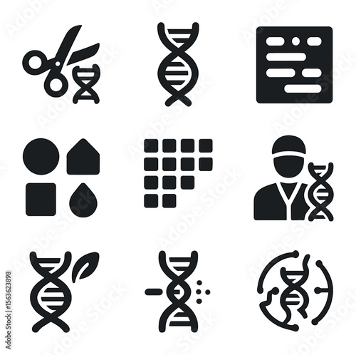 Gene Editing Icons Set. Solid, filled icons set of gene editing and manipulation: CRISPR scissors, DNA strand,