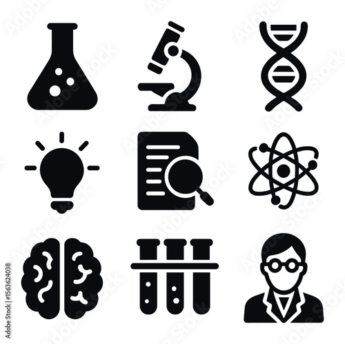 Scientific Icon Grid. Solid, filled icons set of scientific discovery and innovation: laboratory flask,