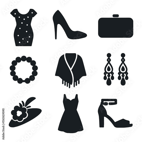 Women's Evening Icons. Solid, filled icons set of women's evening outfits: sequined dress, stiletto shoes,