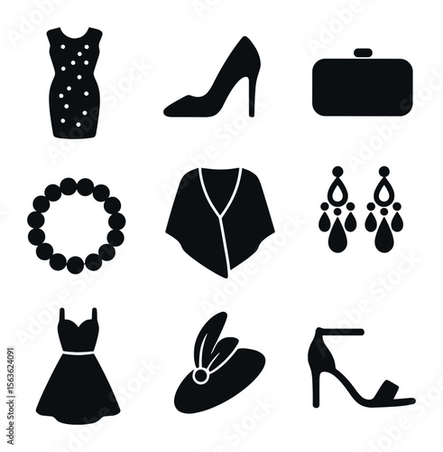Women's Evening Icons. Solid, filled icons set of women's evening outfits: sequined dress, stiletto shoes,