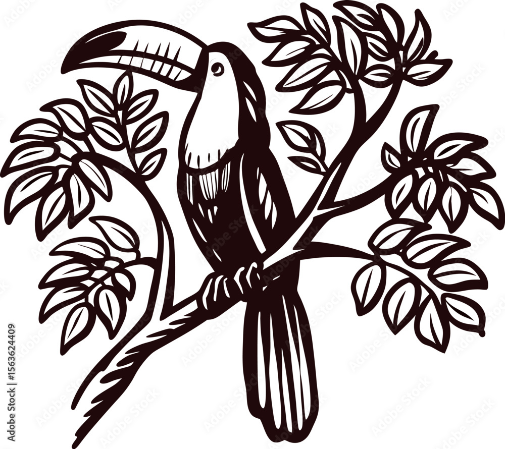 Fototapeta premium Hand drawn toucan perched on tree branch with lush leaves in vintage engraved illustration