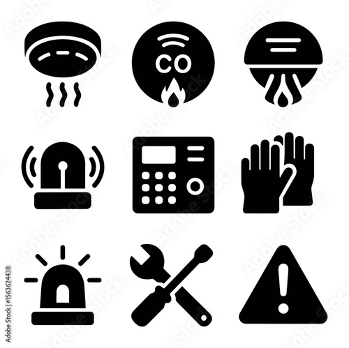 Fire Safety Icons. Solid, filled icons set of fire hazard monitoring: smoke detector, carbon monoxide detector