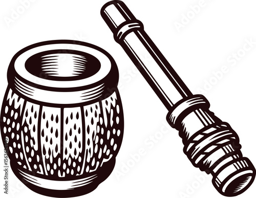 Hand drawn vintage engraved Calabash with bombilla for mate tea illustration isolated on white background