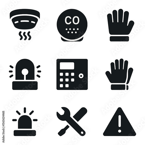 Fire Safety Icons. Solid, filled icons set of fire hazard monitoring: smoke detector, carbon monoxide detector