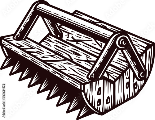 Hand drawn vintage wooden agricultural harrow with metal spikes and handle, engraved illustration