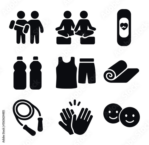 Fitness Icon Set. Solid, filled icons set of friends working out together: dumbbells, yoga blocks, fitness