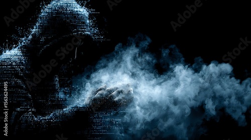Mysterious hooded figure emerging from digital particle effect with smoky atmosphere against dark background, creating cybersecurity threat concept.