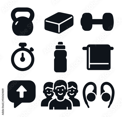 Group Workout Icons. Solid, filled icons set of group workout session: kettlebell, yoga block, dumbbell,