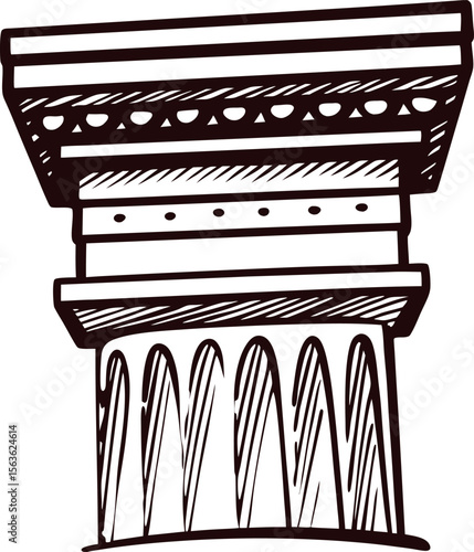 Hand drawn antique greek ionic column capital with ornate details and classical architectural design illustration
