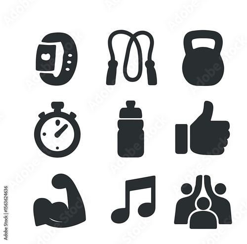 Team Fitness Icons. Solid, filled icons set of team fitness spirit: fitness tracker, jump rope, kettlebell,
