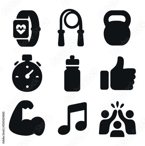Team Fitness Icons. Solid, filled icons set of team fitness spirit: fitness tracker, jump rope, kettlebell,