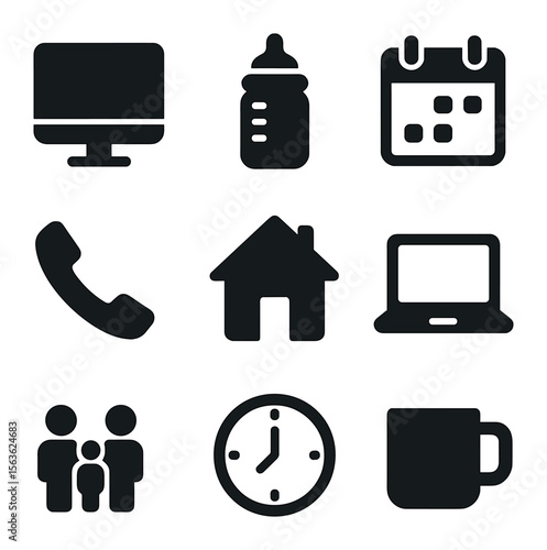 Balancing Work and Family. Solid, filled icons set of managing work and family: desktop computer, baby bottle,