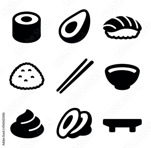 Sushi Icons Collection. Solid, filled icons set of sushi variety: maki roll, avocado, tuna, rice, chopsticks,