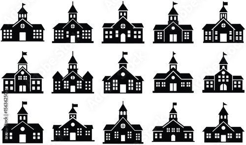 Vector of School Building with Clock Tower, Flag, and Square Windows in Black Silhouette